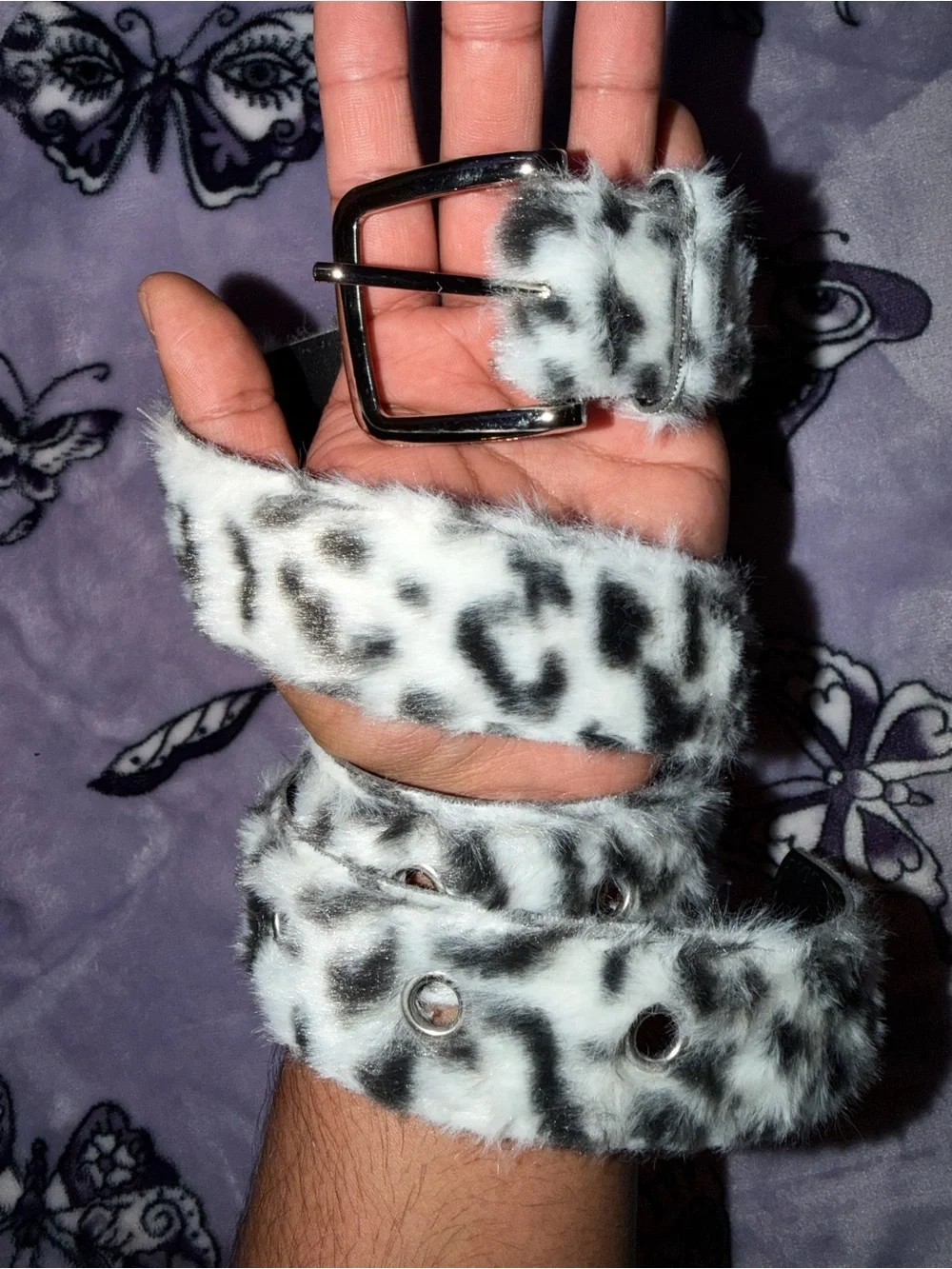 Y2K Snow Leopard Faux Fur Statement Belt Black White Grunge Retro